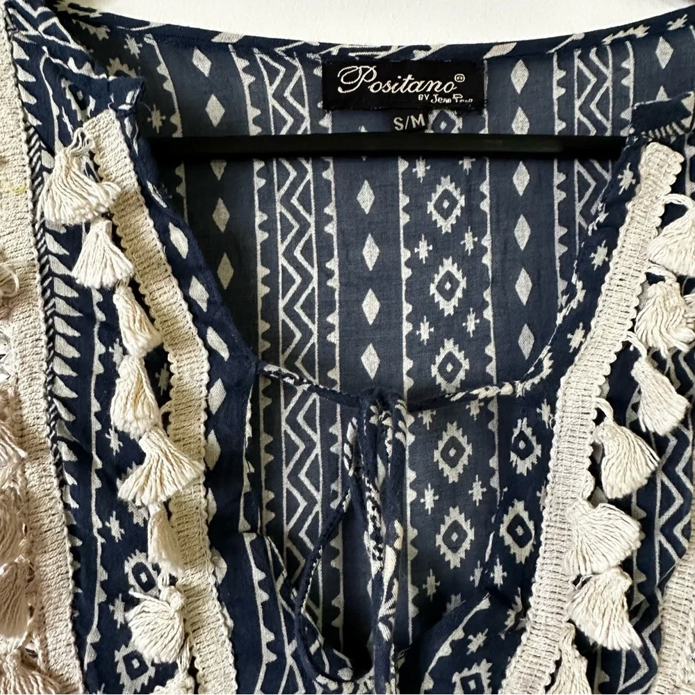 Blue Boho Chic Block Mix Match Print Tiered Mini Dress, Ties and Tassels/AU12 - Picture 6 of 7